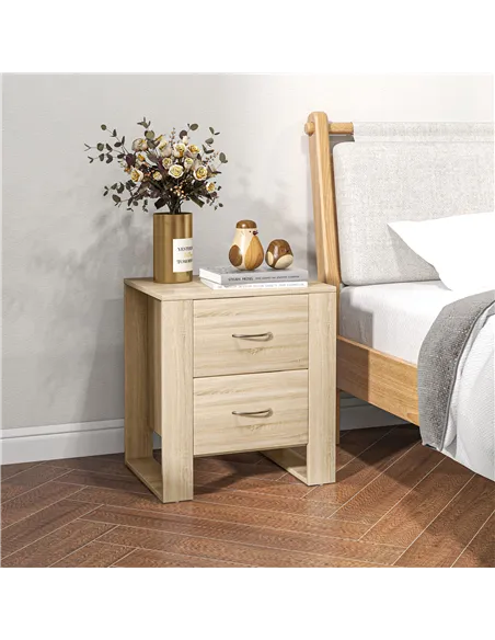HOMCOM Bedside Table with 2 Drawers, Nightstand with Handles and Elevated Base, Side Table for Bedroom, Living Room, Set of 2, B