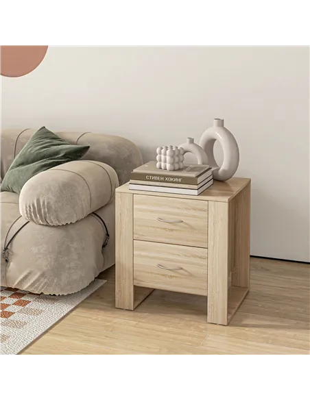 HOMCOM Bedside Table with 2 Drawers, Nightstand with Handles and Elevated Base, Side Table for Bedroom, Living Room, Set of 2, B