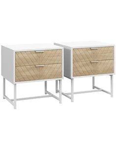 HOMCOM Modern Bedside Table with 2 Drawers and Metal Frame, Sofa Side Table for Bedroom Living Room, Set of 2, White and Oak