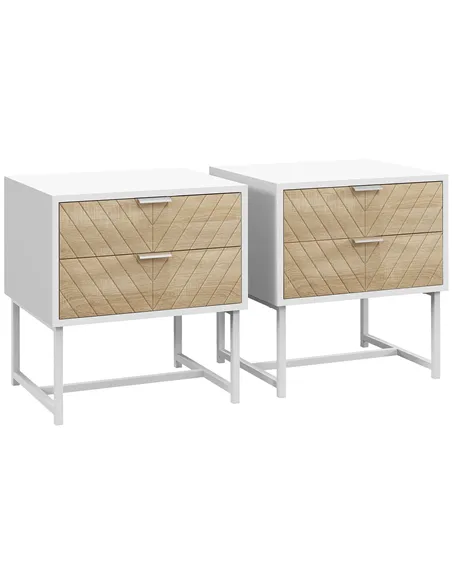 HOMCOM Modern Bedside Table with 2 Drawers and Metal Frame, Sofa Side Table for Bedroom Living Room, Set of 2, White and Oak