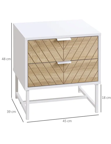HOMCOM Modern Bedside Table with 2 Drawers and Metal Frame, Sofa Side Table for Bedroom Living Room, Set of 2, White and Oak