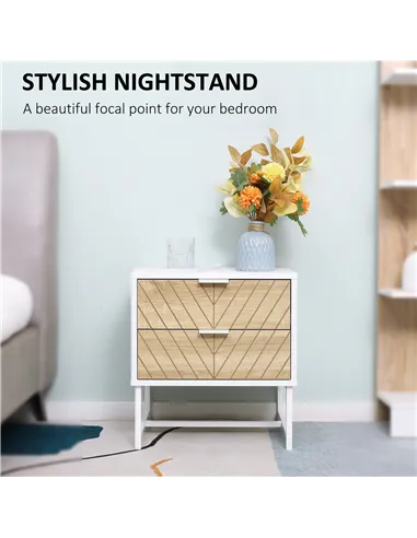 HOMCOM Modern Bedside Table with 2 Drawers and Metal Frame, Sofa Side Table for Bedroom Living Room, Set of 2, White and Oak
