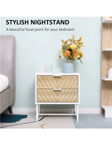 HOMCOM Modern Bedside Table with 2 Drawers and Metal Frame, Sofa Side Table for Bedroom Living Room, Set of 2, White and Oak