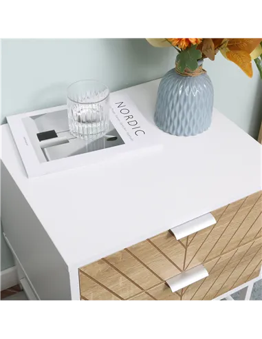 HOMCOM Modern Bedside Table with 2 Drawers and Metal Frame, Sofa Side Table for Bedroom Living Room, Set of 2, White and Oak