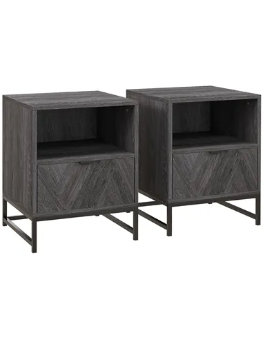 HOMCOM Bedside Table with Drawer and Shelf, Side End Table with Steel Legs for Living Room, Bedroom, Set of 2, Dark Grey