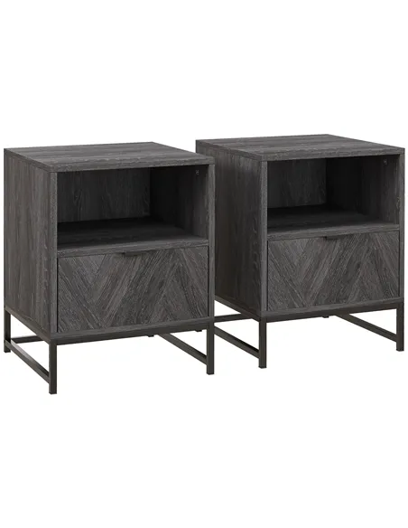 HOMCOM Bedside Table with Drawer and Shelf, Side End Table with Steel Legs for Living Room, Bedroom, Set of 2, Dark Grey