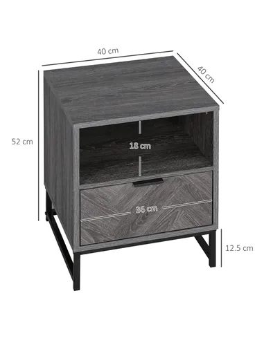 HOMCOM Bedside Table with Drawer and Shelf, Side End Table with Steel Legs for Living Room, Bedroom, Set of 2, Dark Grey