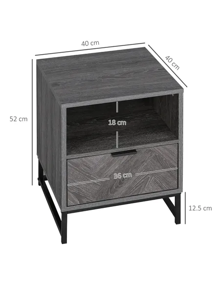 HOMCOM Bedside Table with Drawer and Shelf, Side End Table with Steel Legs for Living Room, Bedroom, Set of 2, Dark Grey
