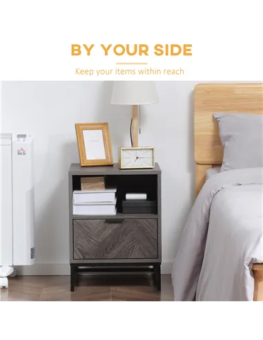 HOMCOM Bedside Table with Drawer and Shelf, Side End Table with Steel Legs for Living Room, Bedroom, Set of 2, Dark Grey