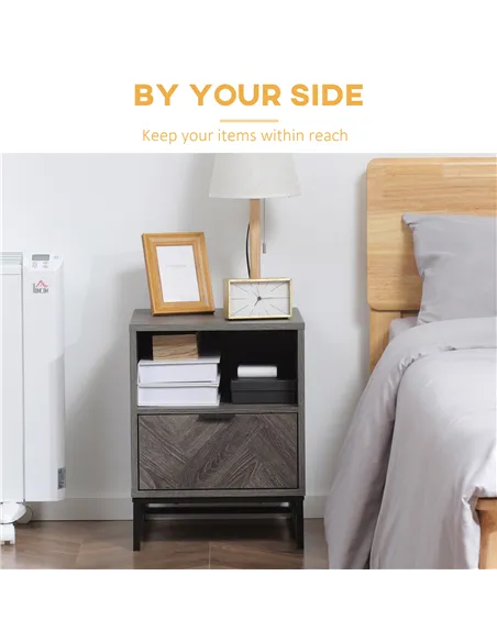 HOMCOM Bedside Table with Drawer and Shelf, Side End Table with Steel Legs for Living Room, Bedroom, Set of 2, Dark Grey