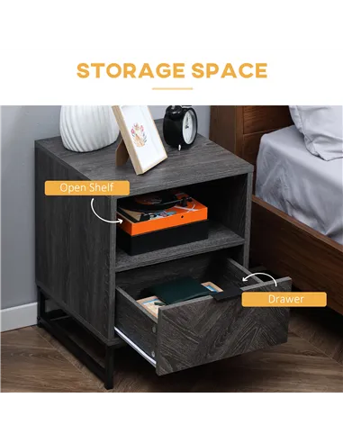 HOMCOM Bedside Table with Drawer and Shelf, Side End Table with Steel Legs for Living Room, Bedroom, Set of 2, Dark Grey