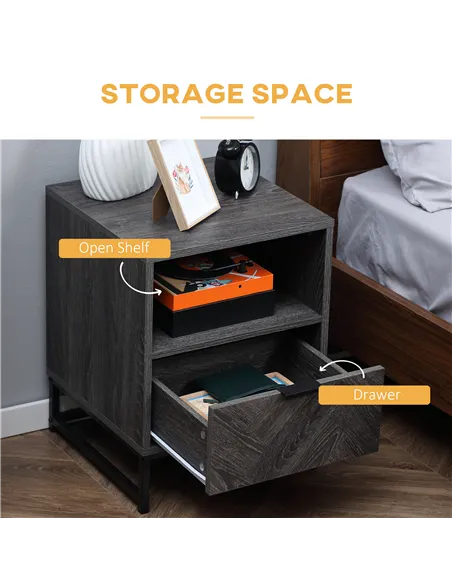 HOMCOM Bedside Table with Drawer and Shelf, Side End Table with Steel Legs for Living Room, Bedroom, Set of 2, Dark Grey