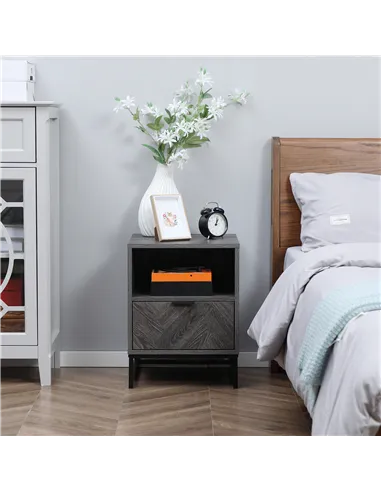 HOMCOM Bedside Table with Drawer and Shelf, Side End Table with Steel Legs for Living Room, Bedroom, Set of 2, Dark Grey
