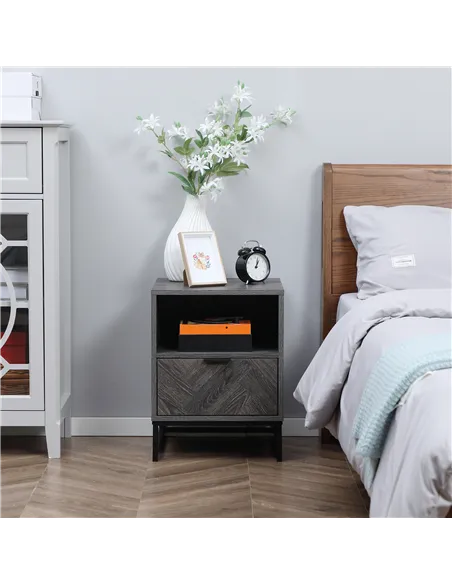 HOMCOM Bedside Table with Drawer and Shelf, Side End Table with Steel Legs for Living Room, Bedroom, Set of 2, Dark Grey