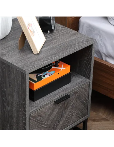 HOMCOM Bedside Table with Drawer and Shelf, Side End Table with Steel Legs for Living Room, Bedroom, Set of 2, Dark Grey