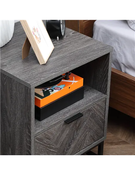 HOMCOM Bedside Table with Drawer and Shelf, Side End Table with Steel Legs for Living Room, Bedroom, Set of 2, Dark Grey