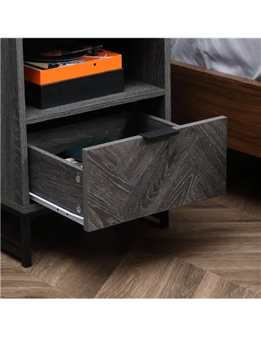 HOMCOM Bedside Table with Drawer and Shelf, Side End Table with Steel Legs for Living Room, Bedroom, Set of 2, Dark Grey