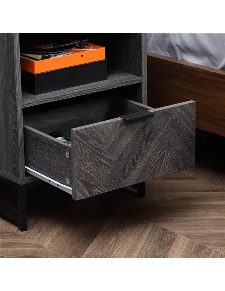 HOMCOM Bedside Table with Drawer and Shelf, Side End Table with Steel Legs for Living Room, Bedroom, Set of 2, Dark Grey