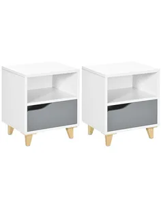 HOMCOM Set of 2 Modern Bedside Tables with Shelves, Drawers and Wood Legs, 36.8cm x 33cm x 43.8cm, White and Grey