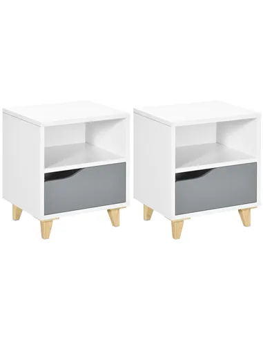 HOMCOM Set of 2 Modern Bedside Tables with Shelves, Drawers and Wood Legs, 36.8cm x 33cm x 43.8cm, White and Grey