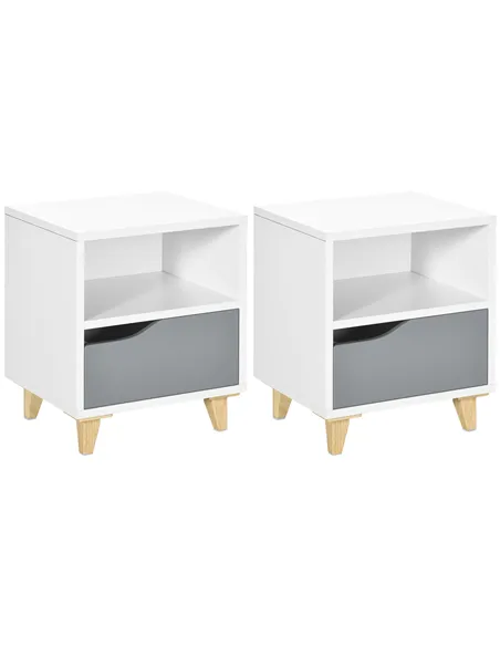 HOMCOM Set of 2 Modern Bedside Tables with Shelves, Drawers and Wood Legs, 36.8cm x 33cm x 43.8cm, White and Grey
