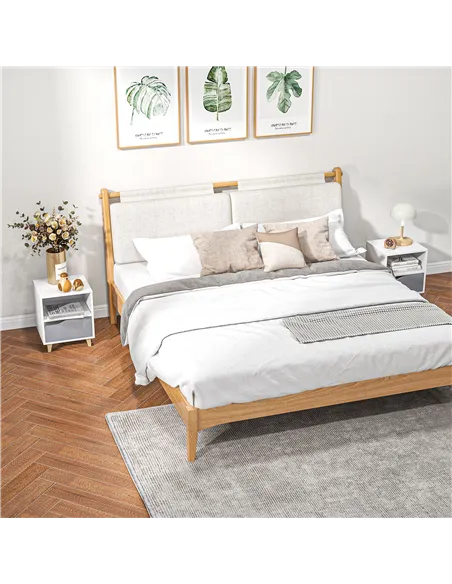 HOMCOM Set of 2 Modern Bedside Tables with Shelves, Drawers and Wood Legs, 36.8cm x 33cm x 43.8cm, White and Grey