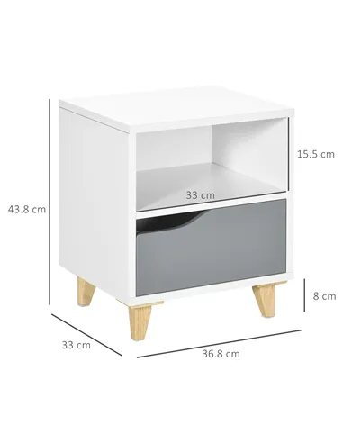 HOMCOM Set of 2 Modern Bedside Tables with Shelves, Drawers and Wood Legs, 36.8cm x 33cm x 43.8cm, White and Grey