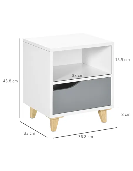 HOMCOM Set of 2 Modern Bedside Tables with Shelves, Drawers and Wood Legs, 36.8cm x 33cm x 43.8cm, White and Grey