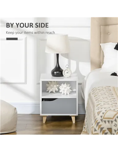 HOMCOM Set of 2 Modern Bedside Tables with Shelves, Drawers and Wood Legs, 36.8cm x 33cm x 43.8cm, White and Grey