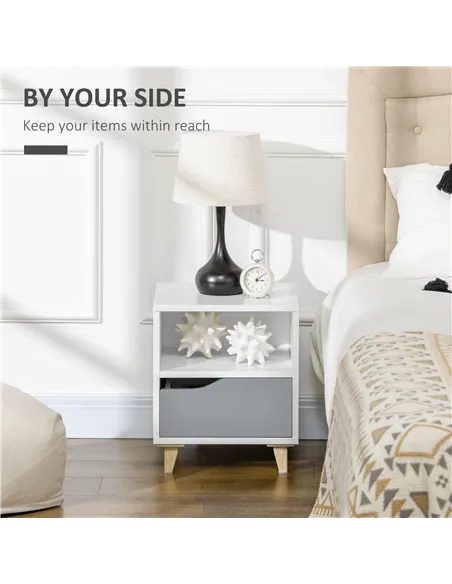 HOMCOM Set of 2 Modern Bedside Tables with Shelves, Drawers and Wood Legs, 36.8cm x 33cm x 43.8cm, White and Grey