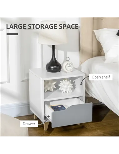 HOMCOM Set of 2 Modern Bedside Tables with Shelves, Drawers and Wood Legs, 36.8cm x 33cm x 43.8cm, White and Grey