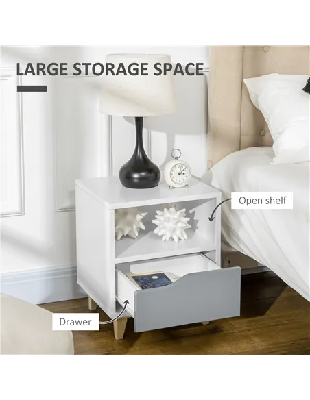 HOMCOM Set of 2 Modern Bedside Tables with Shelves, Drawers and Wood Legs, 36.8cm x 33cm x 43.8cm, White and Grey