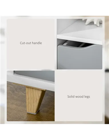 HOMCOM Set of 2 Modern Bedside Tables with Shelves, Drawers and Wood Legs, 36.8cm x 33cm x 43.8cm, White and Grey