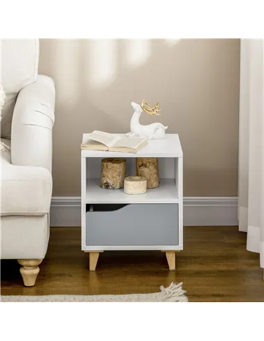 HOMCOM Set of 2 Modern Bedside Tables with Shelves, Drawers and Wood Legs, 36.8cm x 33cm x 43.8cm, White and Grey