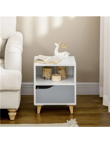 HOMCOM Set of 2 Modern Bedside Tables with Shelves, Drawers and Wood Legs, 36.8cm x 33cm x 43.8cm, White and Grey