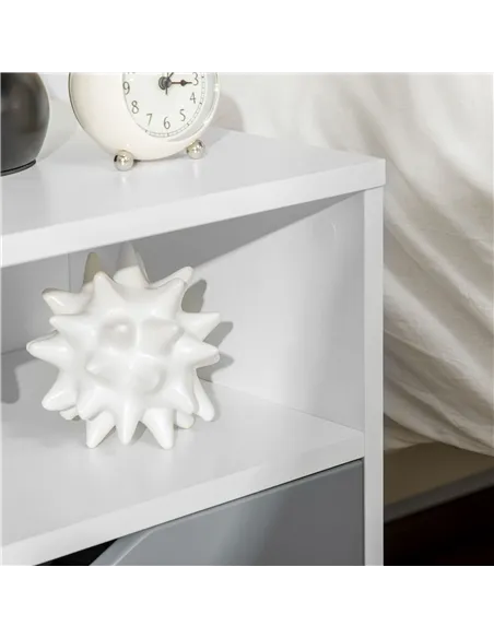 HOMCOM Set of 2 Modern Bedside Tables with Shelves, Drawers and Wood Legs, 36.8cm x 33cm x 43.8cm, White and Grey