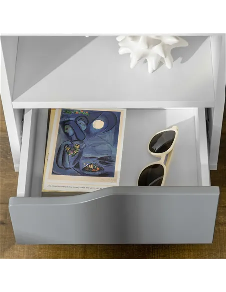 HOMCOM Set of 2 Modern Bedside Tables with Shelves, Drawers and Wood Legs, 36.8cm x 33cm x 43.8cm, White and Grey
