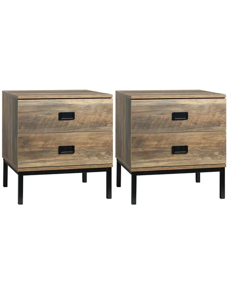 HOMCOM Retro Bedside Table, End Side Table with 2 Drawers, Metal Frame for Bedroom, Living Room, Set of 2, Coffee