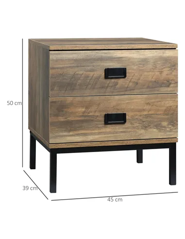 HOMCOM Retro Bedside Table, End Side Table with 2 Drawers, Metal Frame for Bedroom, Living Room, Set of 2, Coffee