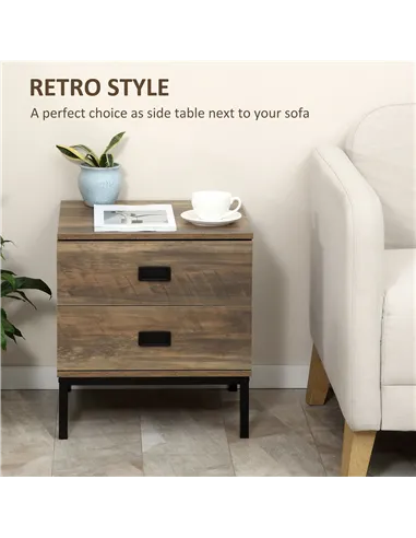 HOMCOM Retro Bedside Table, End Side Table with 2 Drawers, Metal Frame for Bedroom, Living Room, Set of 2, Coffee