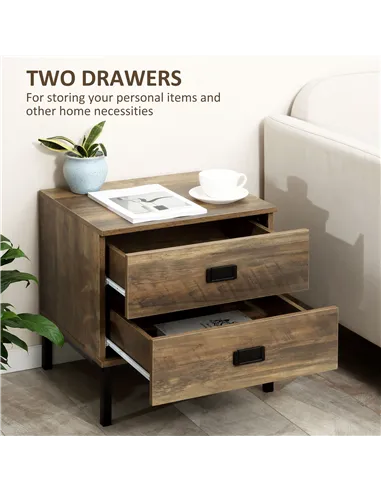 HOMCOM Retro Bedside Table, End Side Table with 2 Drawers, Metal Frame for Bedroom, Living Room, Set of 2, Coffee