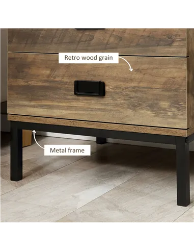 HOMCOM Retro Bedside Table, End Side Table with 2 Drawers, Metal Frame for Bedroom, Living Room, Set of 2, Coffee