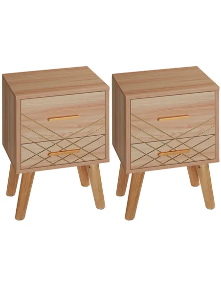 HOMCOM 2-Piece Scandinavian Bedside Tables with Drawers, Bedside Cabinets with Wood Legs, Natural