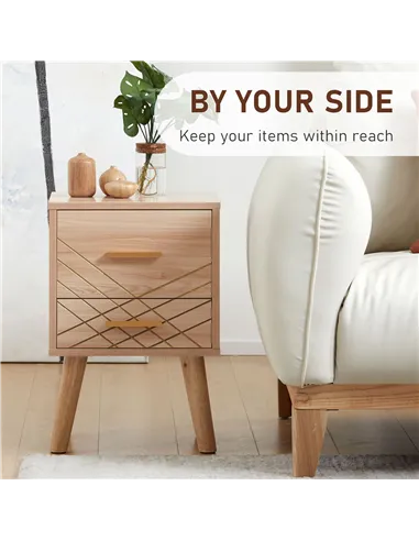 HOMCOM 2-Piece Scandinavian Bedside Tables with Drawers, Bedside Cabinets with Wood Legs, Natural