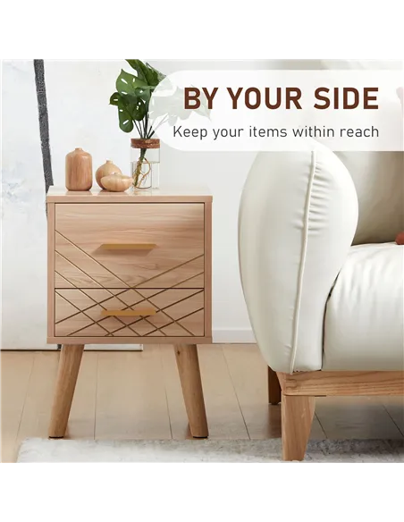 HOMCOM 2-Piece Scandinavian Bedside Tables with Drawers, Bedside Cabinets with Wood Legs, Natural