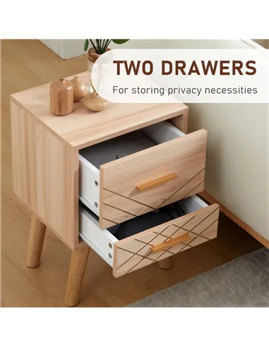HOMCOM 2-Piece Scandinavian Bedside Tables with Drawers, Bedside Cabinets with Wood Legs, Natural