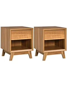 HOMCOM Modern Bedside Table Nightstand, Living Room End Table, Side Table with Drawer and Shelf, Set of 2, Walnut Brown