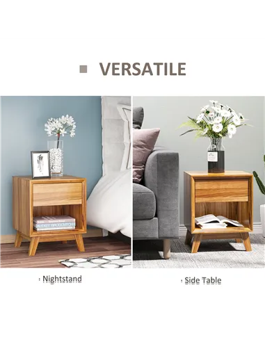 HOMCOM Modern Bedside Table Nightstand, Living Room End Table, Side Table with Drawer and Shelf, Set of 2, Walnut Brown