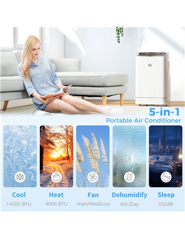 HOMCOM 14000 BTU Mobile Air Conditioner, Smart Home WiFi Compatible, with Heater, Cooler, Dehumidifier, Fan, 24H Timer