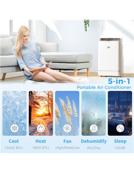 HOMCOM 14000 BTU Mobile Air Conditioner, Smart Home WiFi Compatible, with Heater, Cooler, Dehumidifier, Fan, 24H Timer